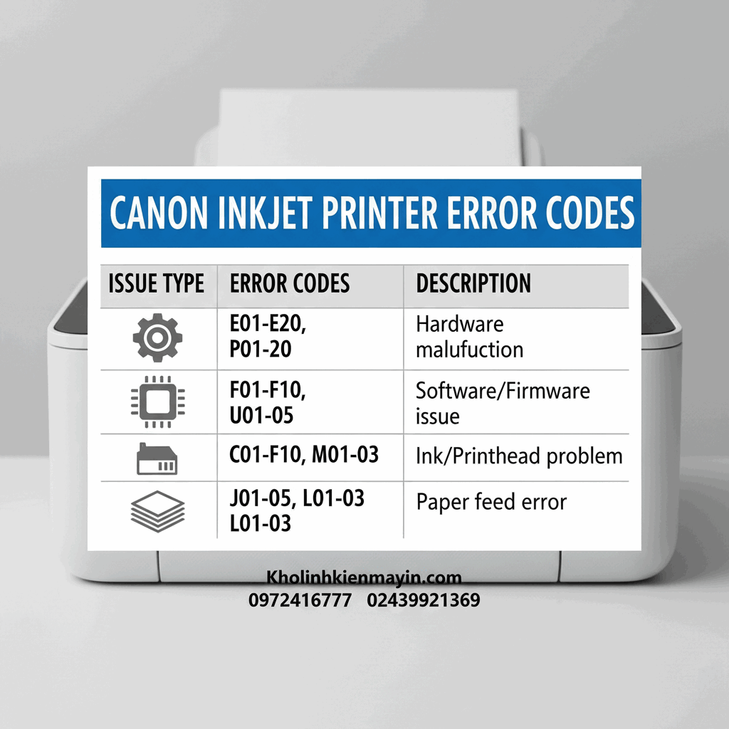 Bảng mã lỗi áp dụng cho các mã máy in phun màu Canon như IX6770 IX6860 G1010 ...