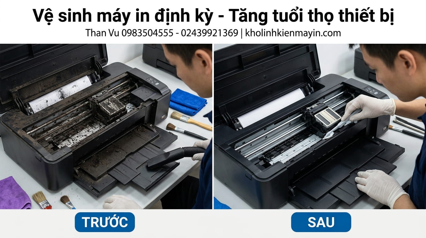 Nhận vệ sinh máy in phun màu tại nhà Hà Nội chuyên nghiệp, làm sạch đầu phun, cải thiện chất lượng in.
