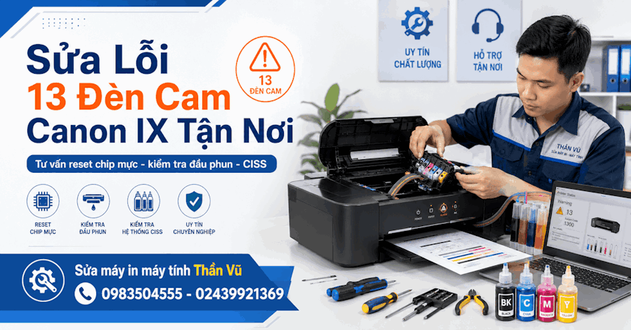 Nguyên nhân máy in Canon IX6770 nháy 13 đèn cam liên tục.