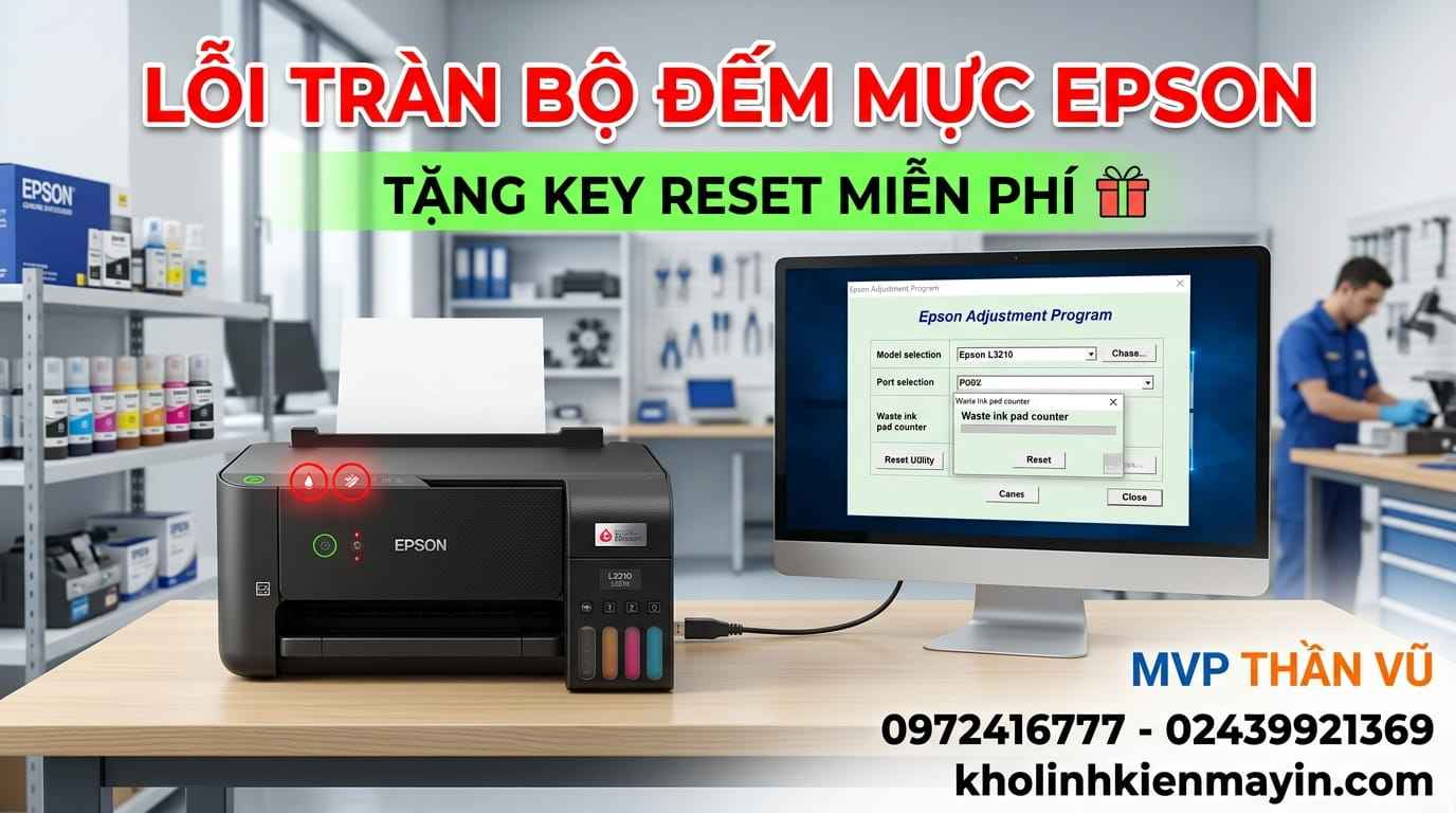 Cách reset máy in Epson L3210 báo lỗi mực thải bằng key chuẩn an toàn và hiệu quả.