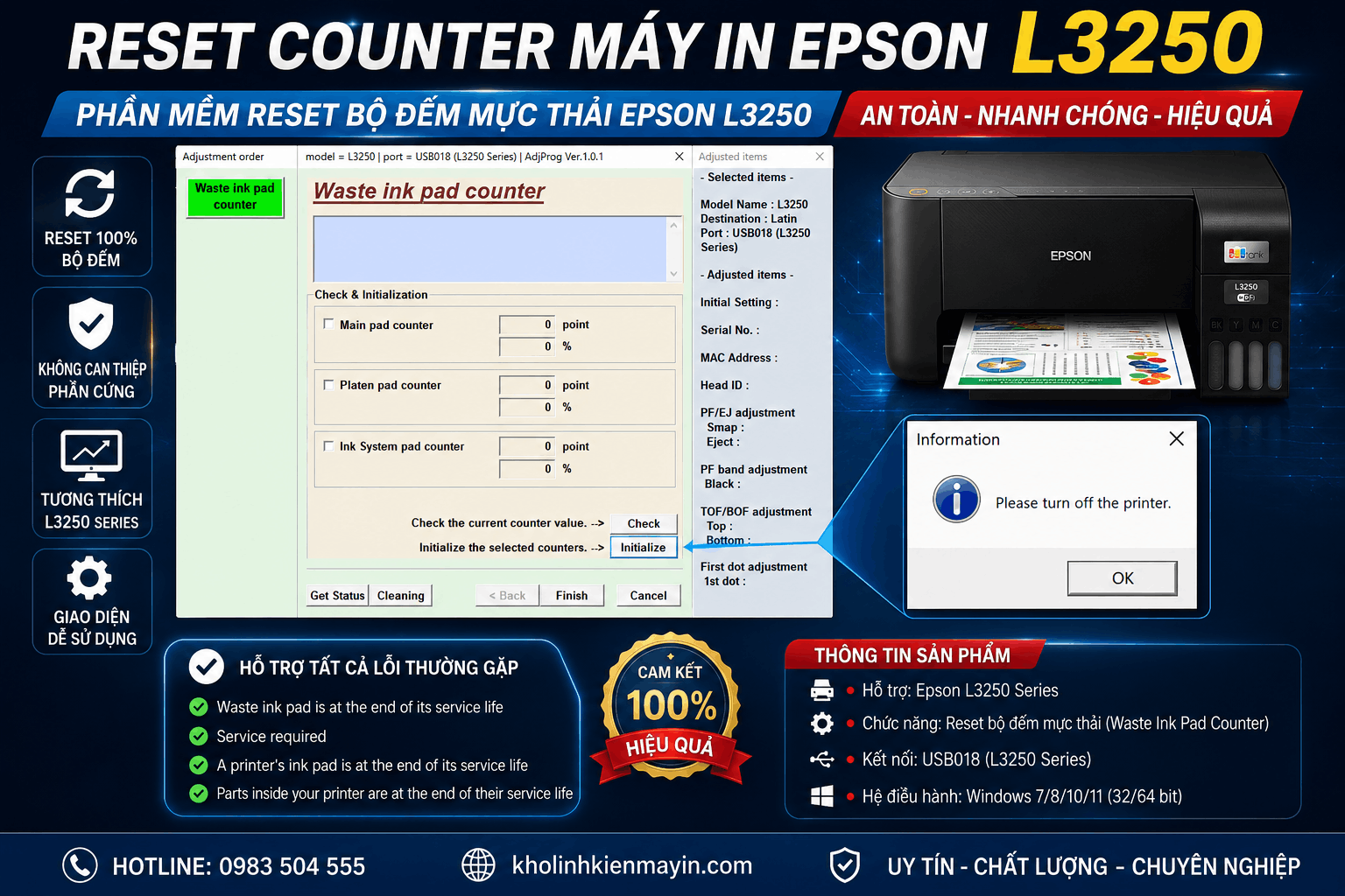 Phần mềm reset máy in Epson L3250, L5290 uy tín giúp xử lý lỗi nháy đèn nhanh chóng.