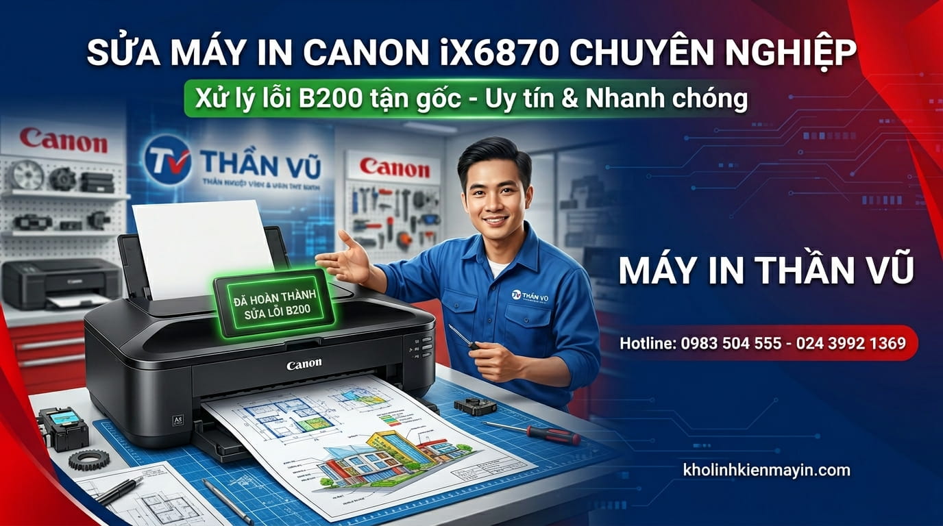 Canon IX6870 lỗi B200 không in được, cần kiểm tra đầu phun, cáp tín hiệu và main nguồn.