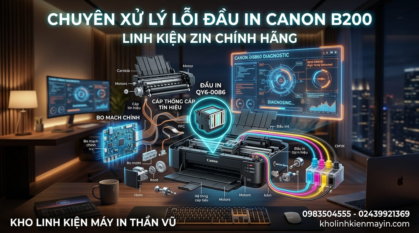 Nguyên nhân máy in Canon IX6770 báo lỗi B200 thường liên quan đến đầu in hoặc lỗi nguồn.