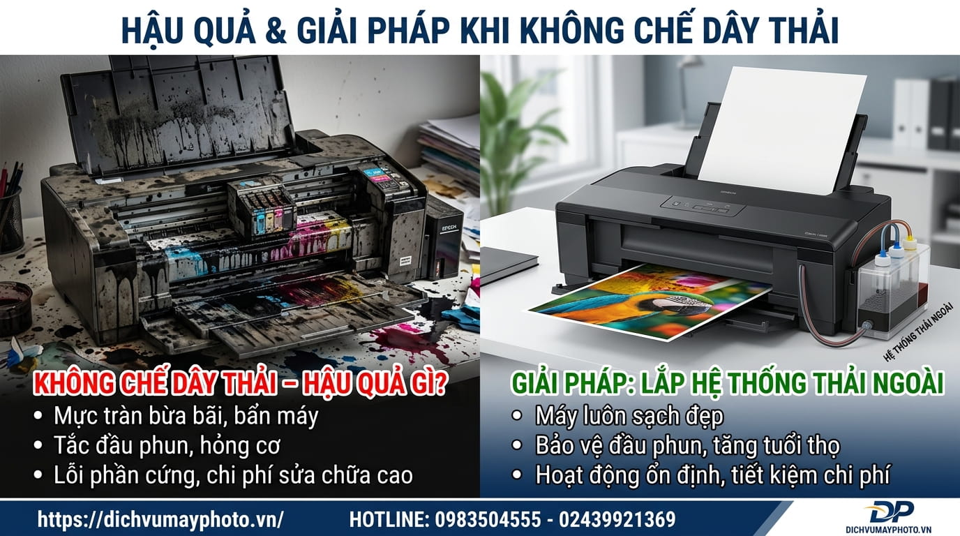 Cách giảm lỗi tràn mực thải máy in phun màu bằng việc lắp dây xả mực ngoài hợp lý.
