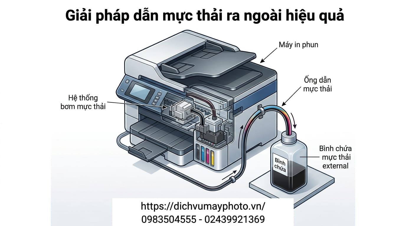 Hướng dẫn chế dây thải mực ngoài máy in phun màu đúng kỹ thuật, tránh rò rỉ và hư hỏng linh kiện.
