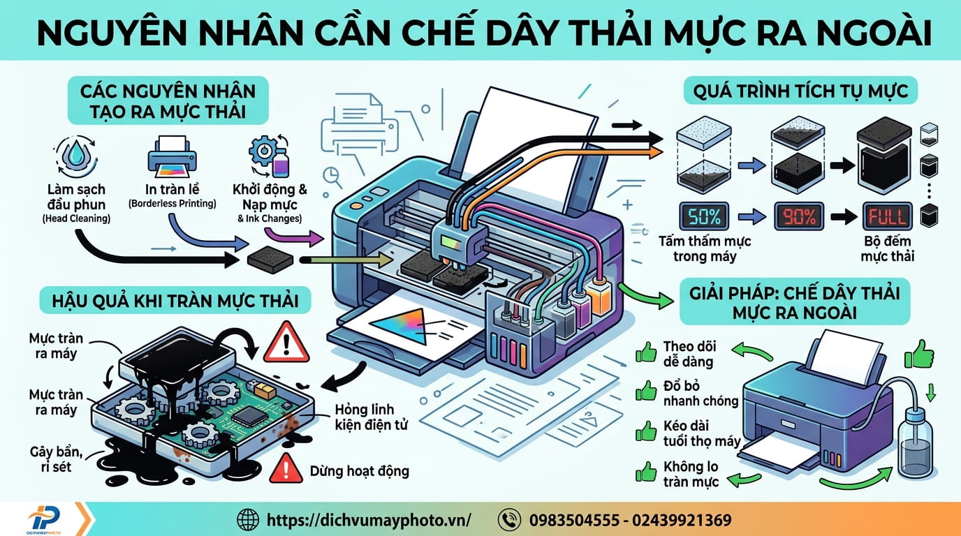 Lợi ích khi chế dây thải mực ngoài cho máy in phun màu, giảm áp lực bông thấm và tăng tuổi thọ máy.

