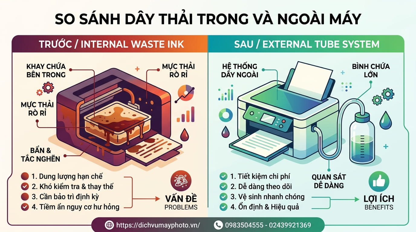 Ưu nhược điểm của việc chế dây thải mực máy in phun màu, cần cân nhắc trước khi thực hiện.
