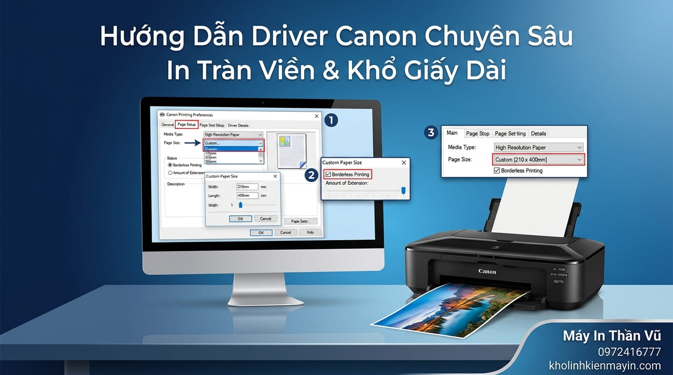 Cách thiết lập in tràn viền máy in phun màu Canon đơn giản, dễ thao tác cho người mới sử dụng.