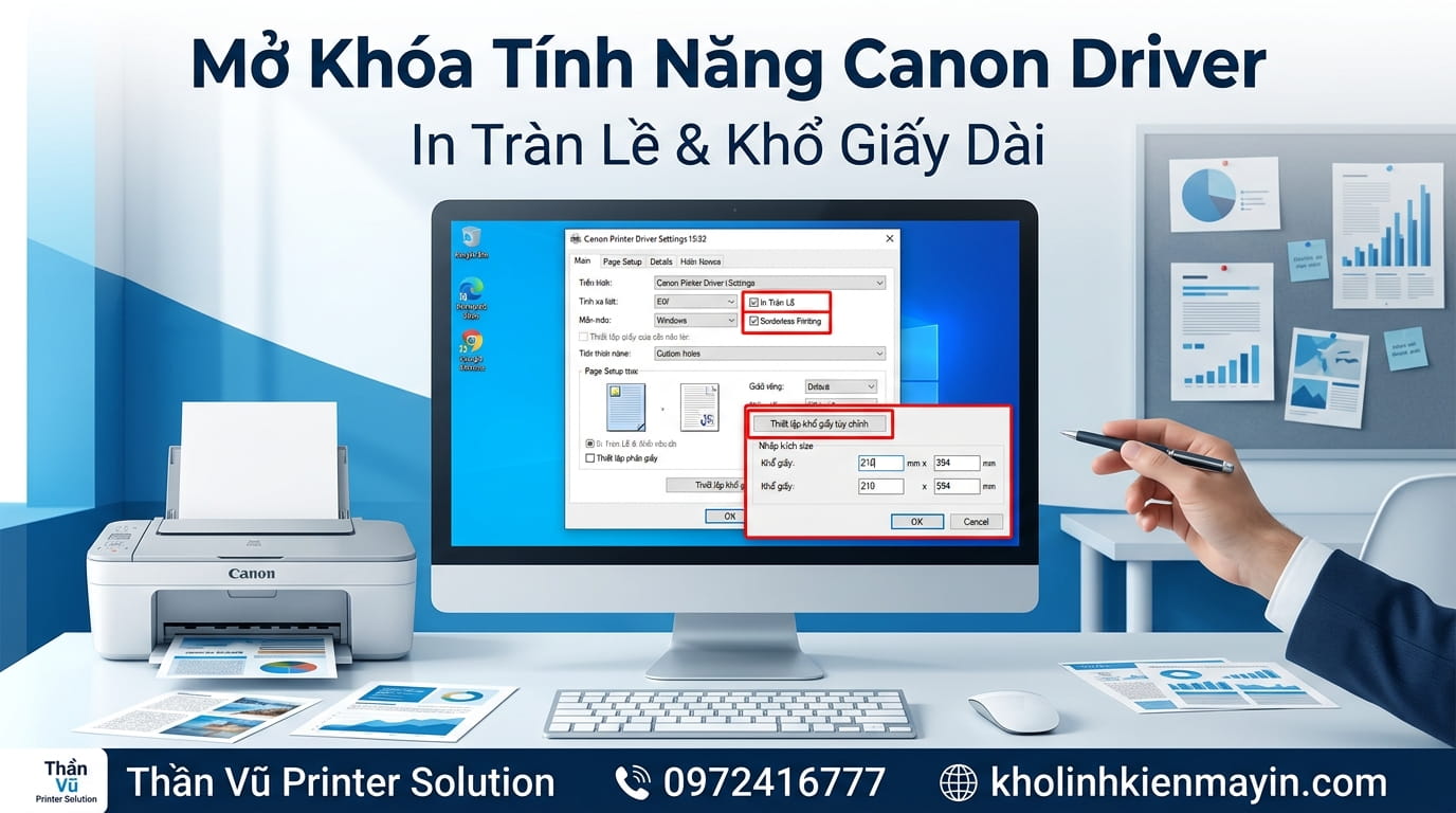 Mẹo in tràn viền và in khổ dài hơn A4 cho máy in màu Canon giúp bản in đẹp và chuyên nghiệp hơn.