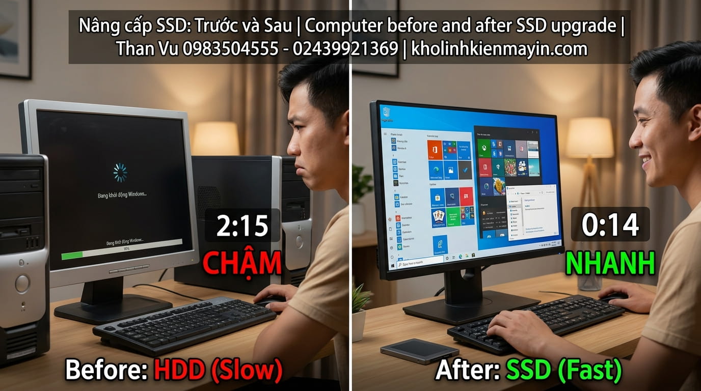 Thay ổ cứng SSD cho máy tính tại nhà Hà Nội, tăng tốc độ khởi động và xử lý công việc hiệu quả.