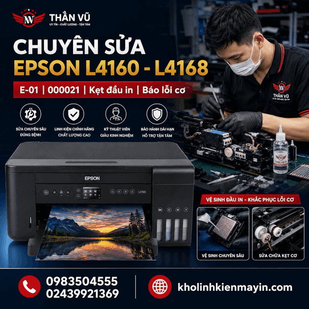 Epson L4160, L4168 báo lỗi E-01 do lỗi cơ hoặc kẹt cụm đầu in, cần kiểm tra và xử lý đúng cách.