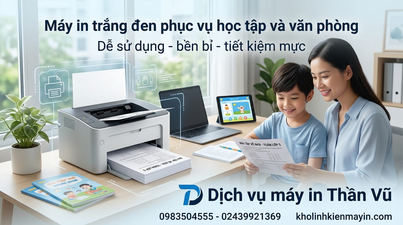 Máy in laser đen trắng cho gia đình giá rẻ, bền bỉ, phù hợp in tài liệu học tập và công việc.