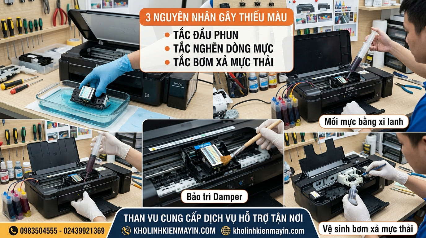 Cách kiểm tra vách ngăn đầu phun Epson bị nghẹt giúp xác định chính xác lỗi thiếu màu.

