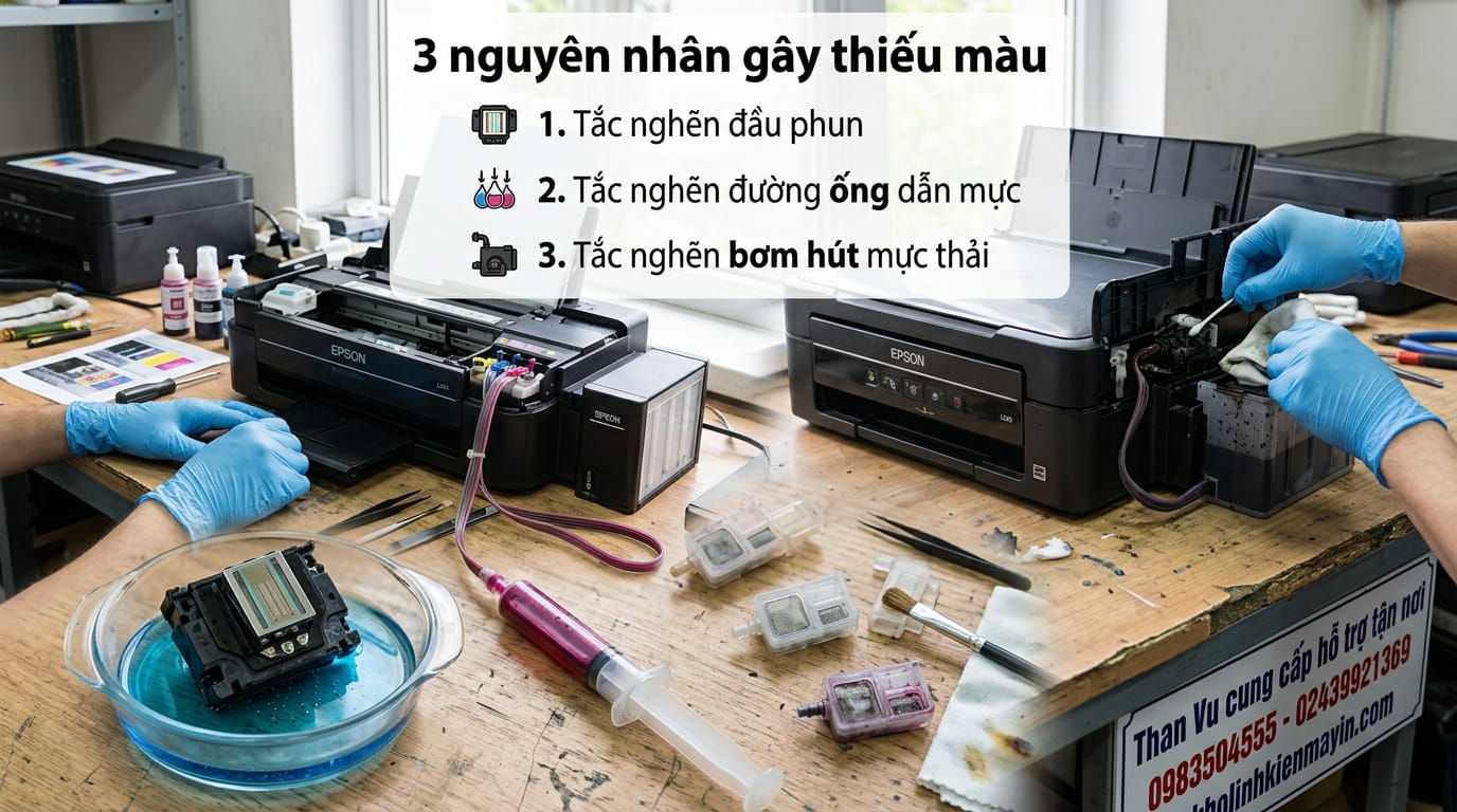 Đầu in Epson bị thiếu màu có thể do hỏng vách ngăn hoặc tắc đường dẫn mực bên trong.
