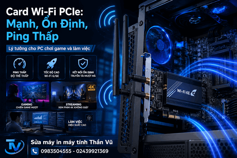 Card Wi-Fi PCIe cho máy tính bàn giúp kết nối ổn định và tốc độ cao.