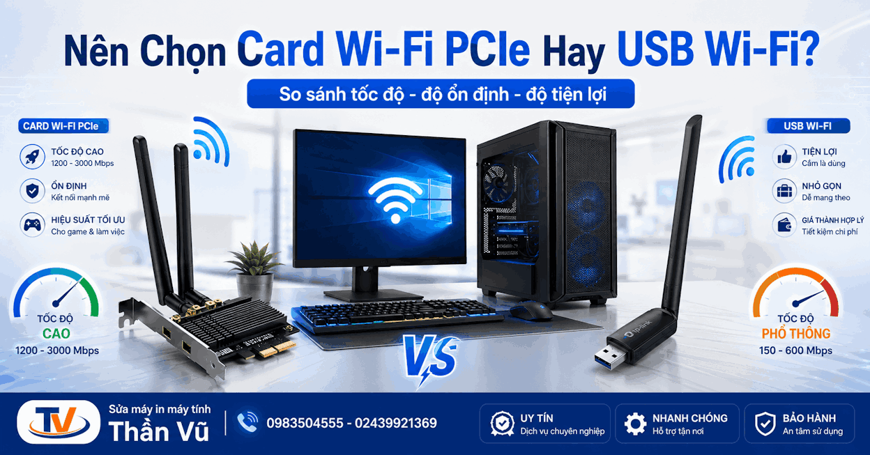 So sánh Card Wi-Fi PCIe và USB Wi-Fi cho PC để chọn thiết bị phù hợp.