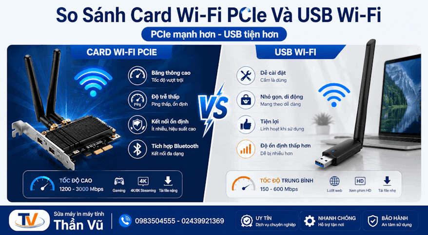 So sánh ưu nhược điểm giữa Card Wi-Fi PCIe và USB Wi-Fi