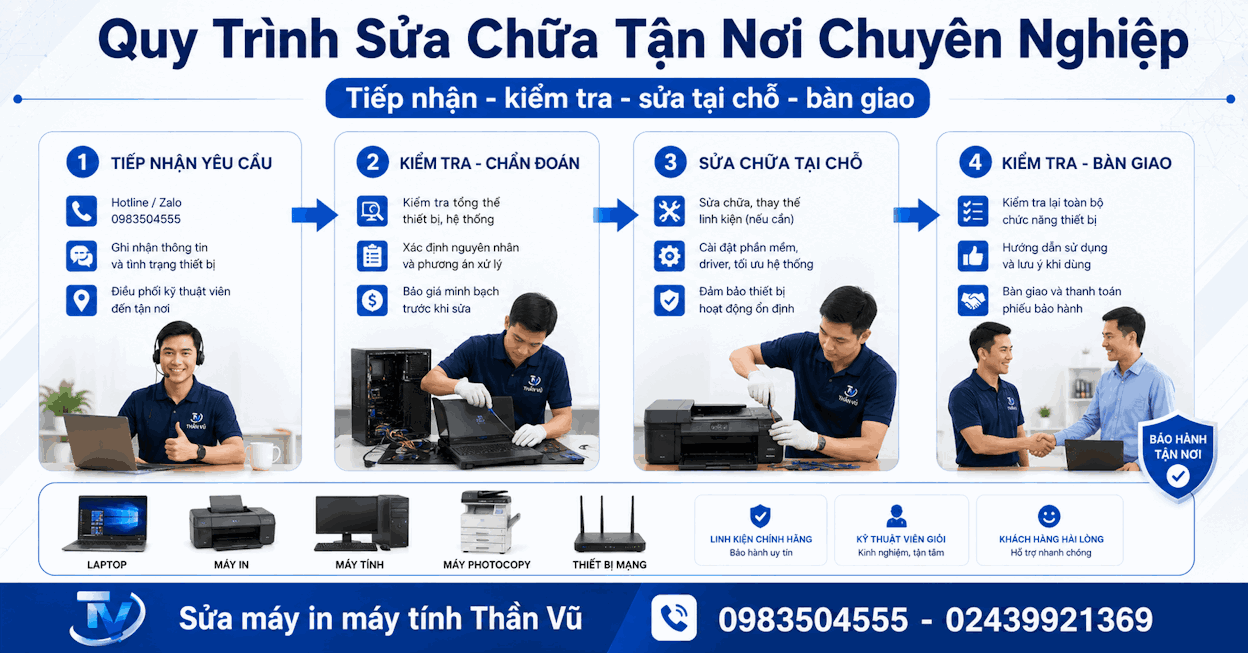 Sửa chữa thiết bị văn phòng tận nơi, bao gồm máy tính, máy in, mạng LAN và Wi-Fi.
