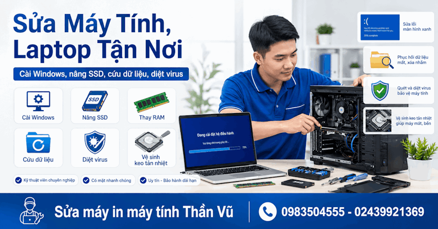 Kỹ thuật viên kiểm tra và sửa laptop tận nơi, hỗ trợ xử lý lỗi phần mềm và phần cứng.