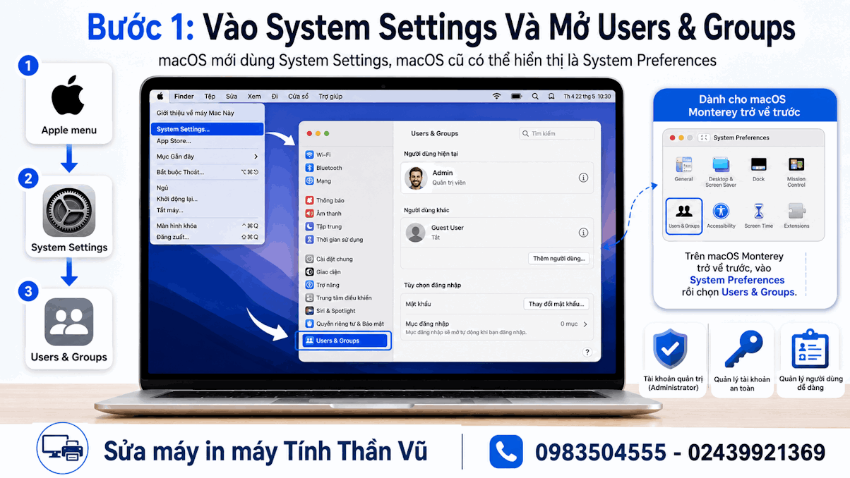 Bước 1: Mở Trình Quản Lý Để Kích Hoạt Tài Khoản Guest macOS
