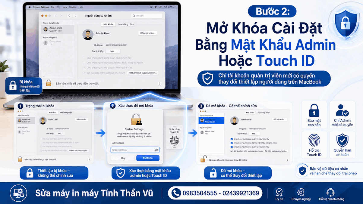 Bước 2: Mở Khóa Bảo Mật Để Kích Hoạt Tài Khoản Guest macOS
