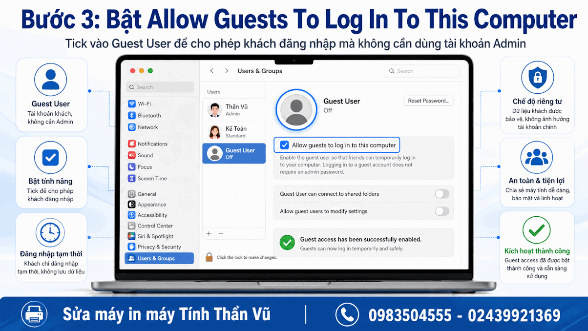 Bước 3: Tùy Chỉnh Thiết Lập Kích Hoạt Tài Khoản Guest macOS
