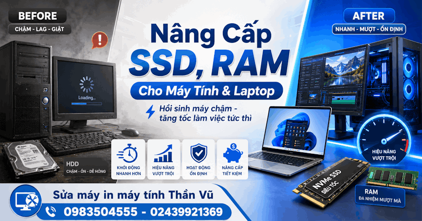 Nâng cấp ổ cứng SSD cho laptop giúp tăng tốc khởi động và xử lý dữ liệu.