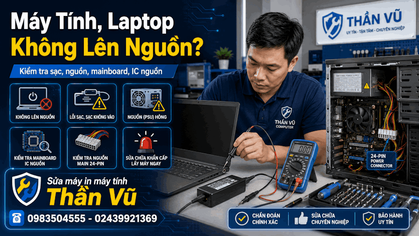 Sửa lỗi laptop không lên nguồn, kiểm tra pin, sạc, main