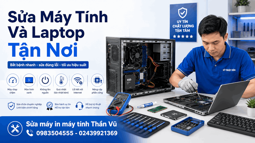 Dịch vụ sửa máy tính và laptop chuyên nghiệp, kiểm tra lỗi nhanh chóng.