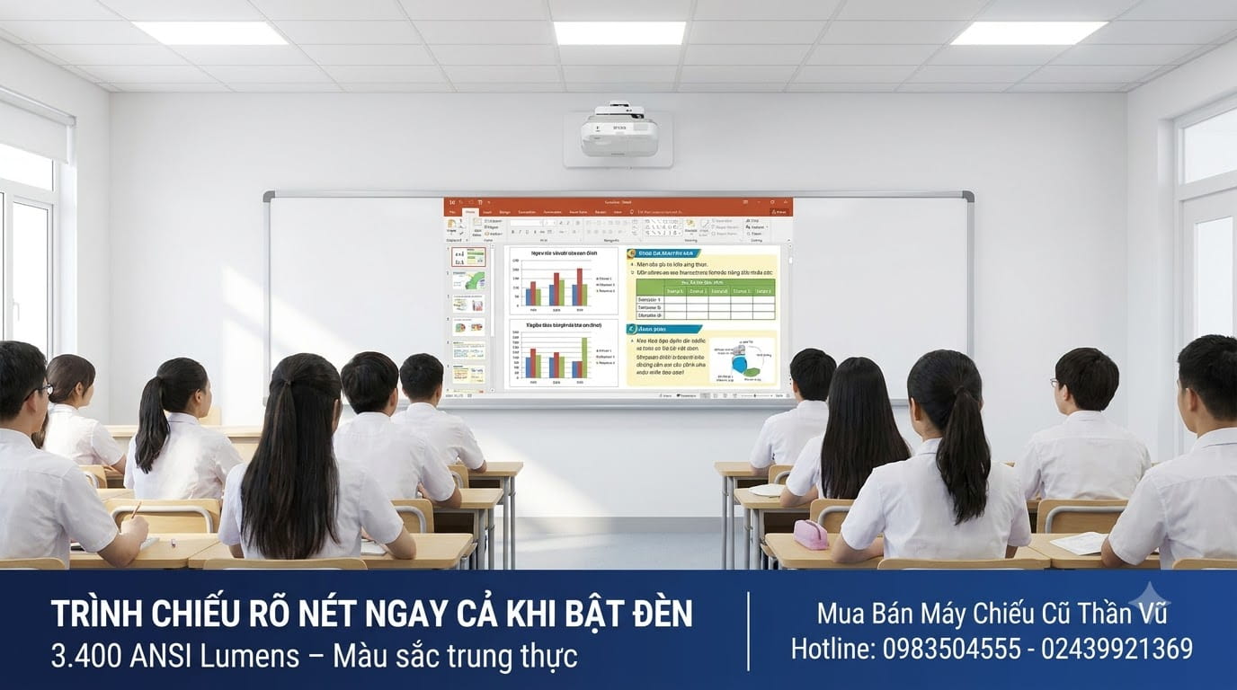Vị trí lắp đặt gần màn chiếu giúp giảm ánh sáng chiếu trực tiếp vào mắt giáo viên hoặc người thuyết trình.

