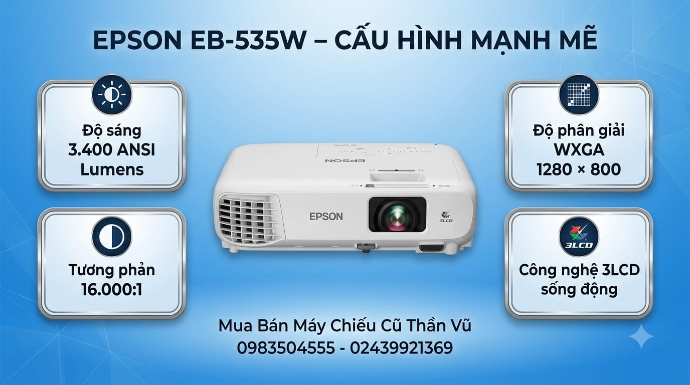 Epson EB-535W là giải pháp máy chiếu gần cũ giúp tiết kiệm chi phí đầu tư cho doanh nghiệp và cơ sở giáo dục.
