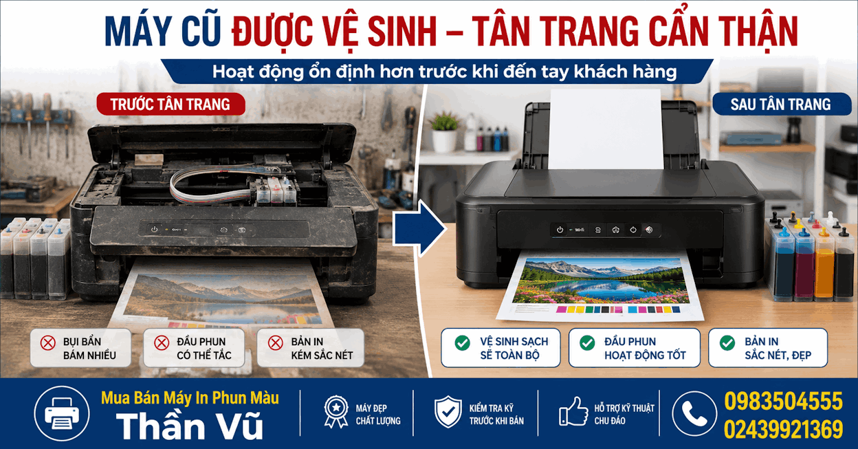 thao tác in test định kỳ, kiểm tra mực và vệ sinh máy; có thể dùng hình đầu phun sạch so với đầu phun bị tắc để tăng tính trực quan.