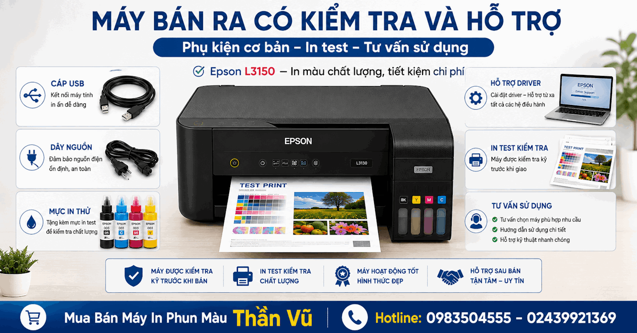 bản in ảnh, gradient, chữ màu và các mảng màu để người mua đánh giá độ sắc nét, đúng màu và tình trạng đầu phun.