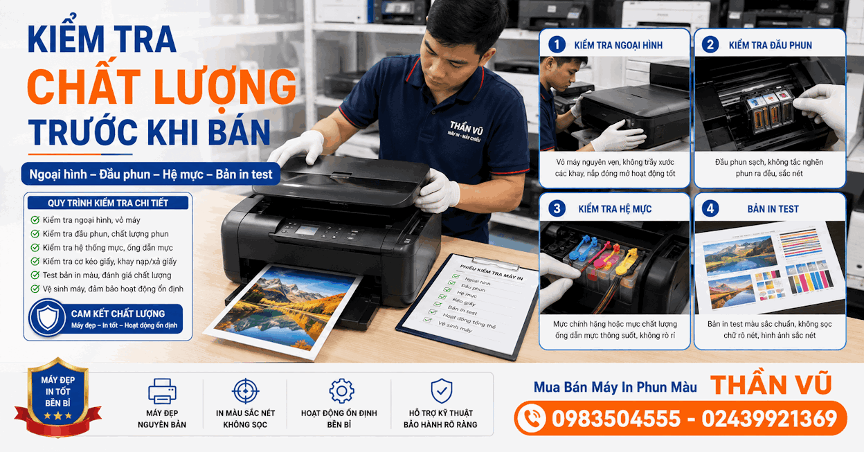 Kỹ thuật viên mở máy và kiểm tra cụm đầu phun trước khi bán; đây nên là một ảnh kỹ thuật quan trọng trong bài.