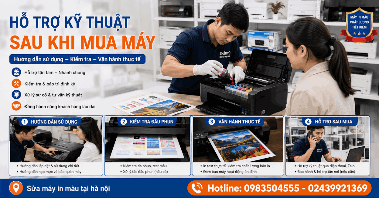máy đang in báo cáo, biểu đồ, hợp đồng và tài liệu màu trong văn phòng hiện đại; phù hợp nhóm khách doanh nghiệp nhỏ.