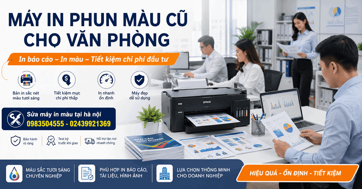 máy in phun màu cũ đẹp, đang in tài liệu và ảnh màu, bố cục showroom chuyên nghiệp.