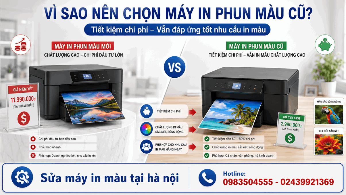 máy in phun màu đã qua sử dụng tại cửa hàng, phù hợp phần giới thiệu nhu cầu mua máy cũ tiết kiệm chi phí.