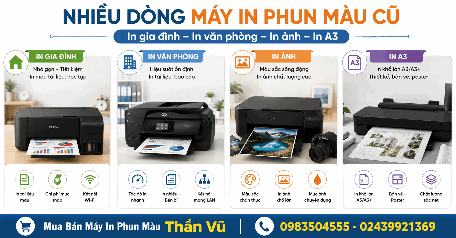ưu điểm: giá đầu tư thấp – tiết kiệm chi phí – dễ sử dụng hệ mực ngoài – phù hợp nhiều nhu cầu in.