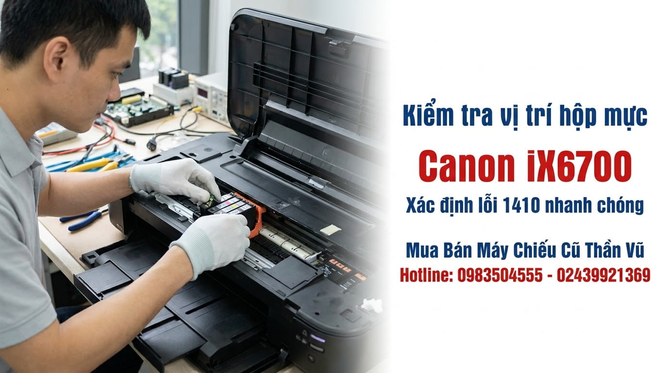 máy Canon iX6700, hộp mực và thông báo Support Code 1410.
