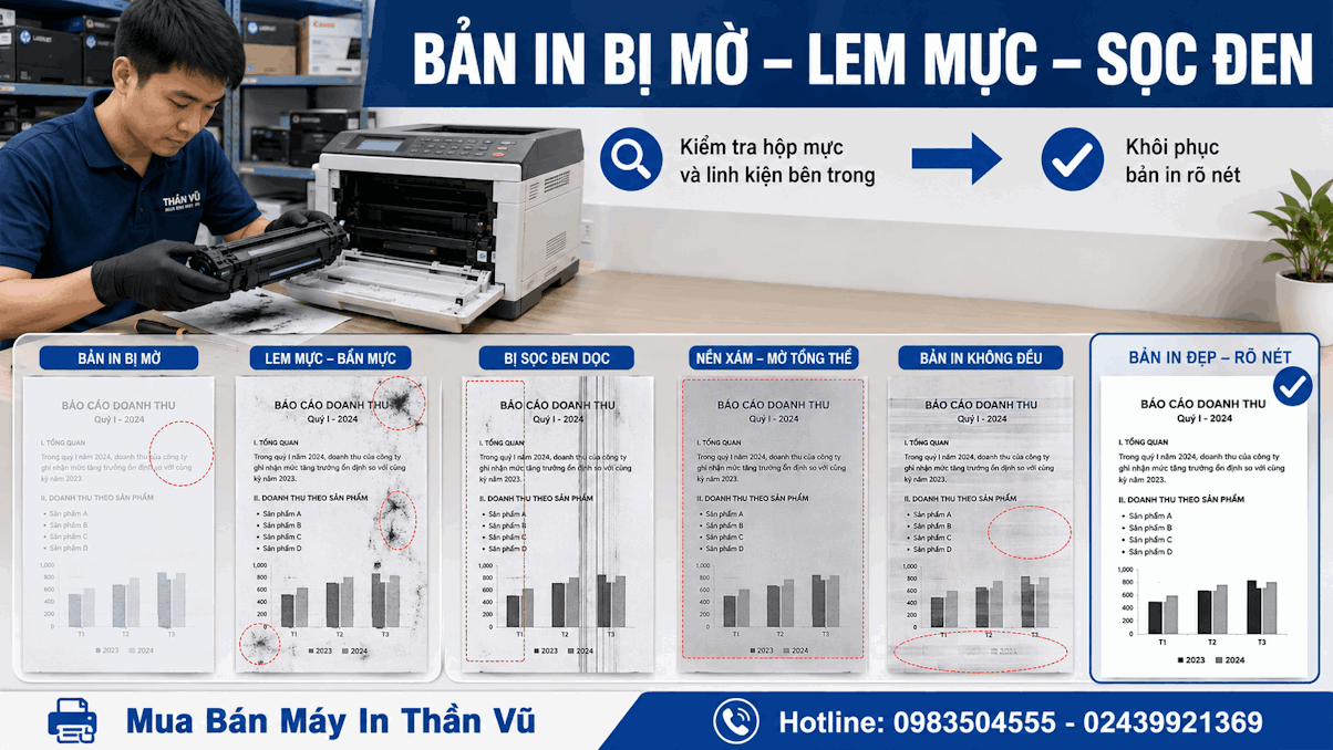 kiểm tra trống hình, trục từ, gạt mực và lượng mực còn lại, phù hợp với phần phân tích nguyên nhân bản in kém chất lượng