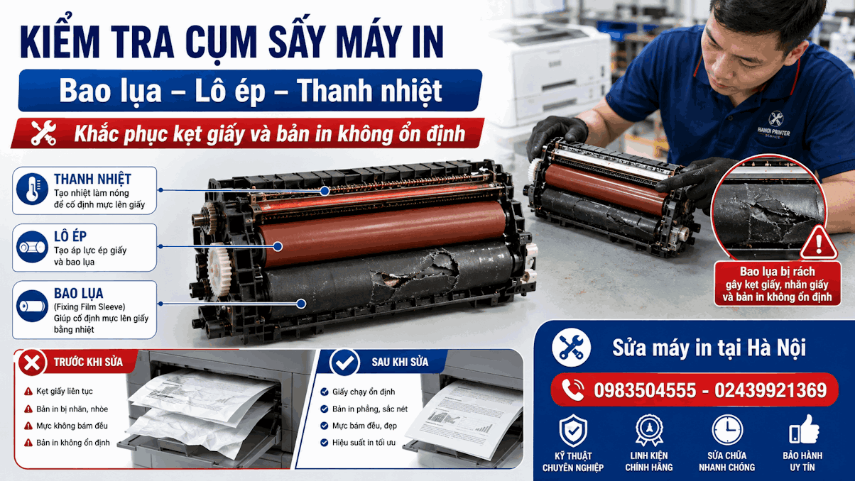 kiểm tra bao lụa, lô ép và cụm sấy, phù hợp phần nguyên nhân máy bị kẹt giấy và bảng giá sửa cụm sấy