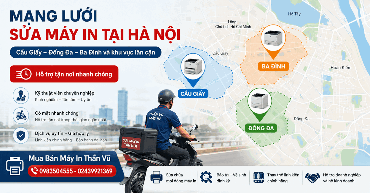 Canon, HP, Brother và Epson trong một không gian sửa chữa chuyên nghiệp, phù hợp với nội dung dịch vụ hỗ trợ nhiều hãng.