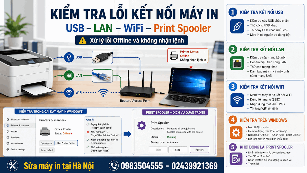 máy in không hoạt động, xuất hiện trạng thái Offline hoặc đèn đỏ