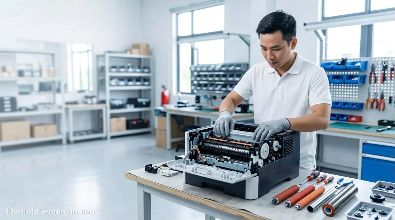 Kỹ thuật viên thay linh kiện máy in laser cho khách sỉ