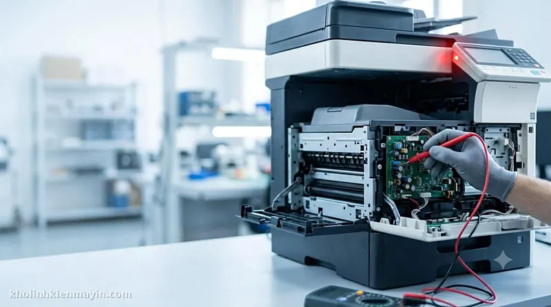 Kỹ thuật viên đo kiểm mainboard để bắt bệnh lỗi máy in